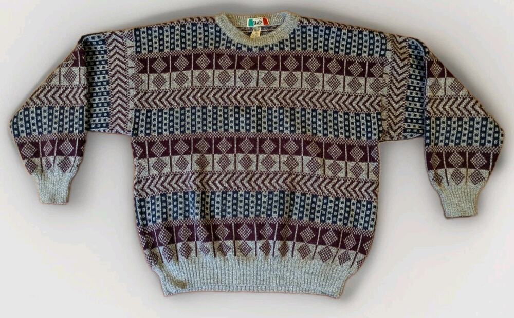 Vintage 80s 90s Made in Italy Sweater XL Wool Blend Geometric Crewneck Knit